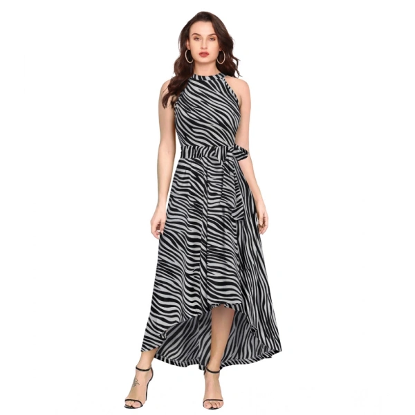 Women's Polyster Zebra Pattern Helter Neck Sleeveless Dresses (Nevy Blue) - L