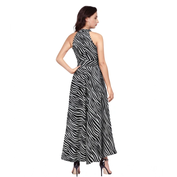 Women's Polyster Zebra Pattern Helter Neck Sleeveless Dresses (Nevy Blue) - L