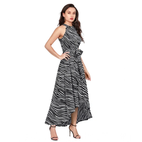 Women's Polyster Zebra Pattern Helter Neck Sleeveless Dresses (Nevy Blue) - L