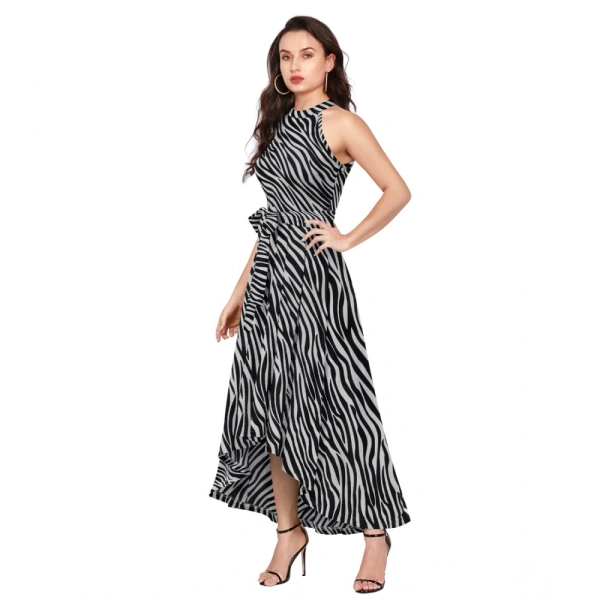 Women's Polyster Zebra Pattern Helter Neck Sleeveless Dresses (Nevy Blue) - L