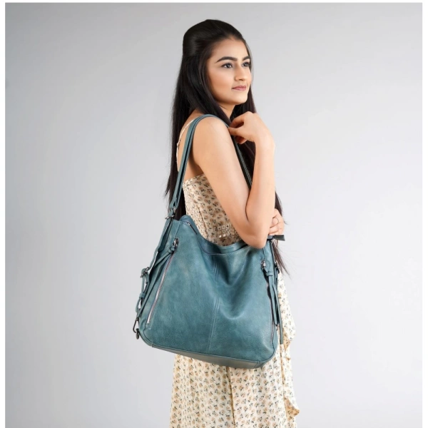 Shopnav Women's PU Leather Medium Shoulder Zipper Handbag (Blue) - Blue