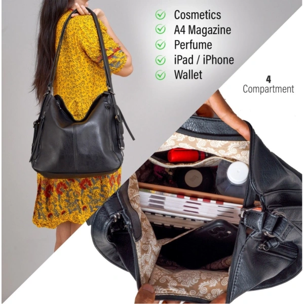 Shopnav Women's PU Leather Medium Shoulder Zipper Handbag (Black) - Black