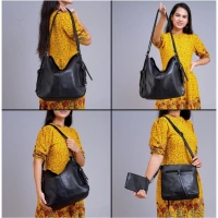 Shopnav Women's PU Leather Medium Shoulder Zipper Handbag (Black) - Black