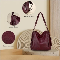 Shopnav Women's PU Leather Medium Shoulder Zipper Handbag (Wine red) - Wine red