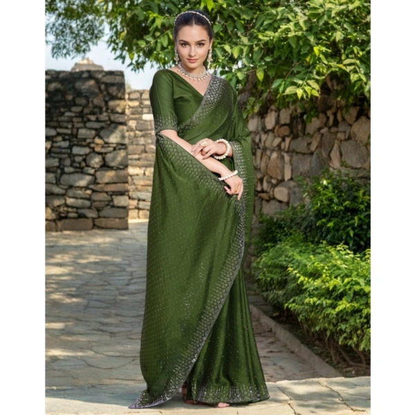 Women's Rangoli Diamond Weaving - Stone Work Saree With Unstitched Blouse 5.5Mtr (Mahendi)