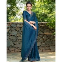 Women's Rangoli Diamond Weaving - Stone Work Saree With Unstitched Blouse 5.5Mtr (Teal)
