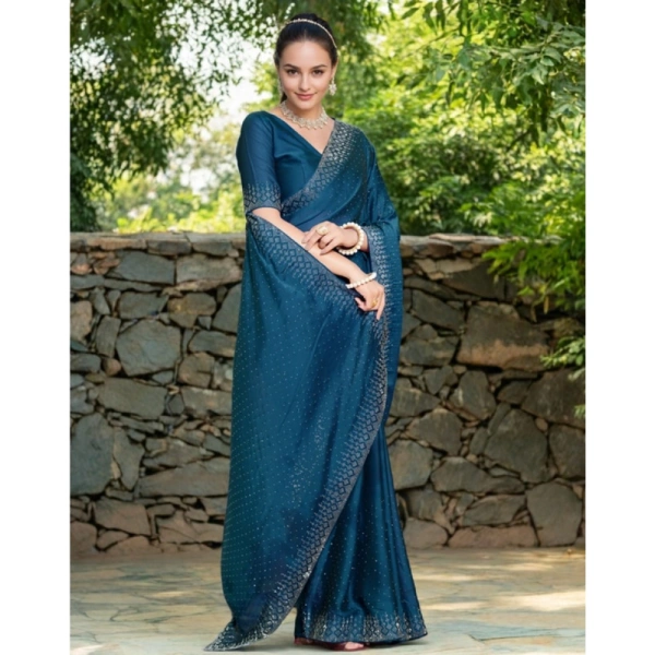Women's Rangoli Diamond Weaving - Stone Work Saree With Unstitched Blouse 5.5Mtr (Teal)