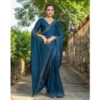 Women's Rangoli Diamond Weaving - Stone Work Saree With Unstitched Blouse 5.5Mtr (Teal)