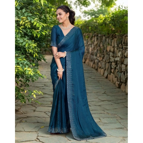 Women's Rangoli Diamond Weaving - Stone Work Saree With Unstitched Blouse 5.5Mtr (Teal)