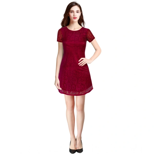 Women's Rasal Solid Round Neck Cap Sleeve Dresses (Maroon) - XL