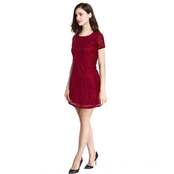Women's Rasal Solid Round Neck Cap Sleeve Dresses (Maroon) - XL