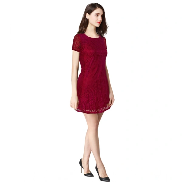 Women's Rasal Solid Round Neck Cap Sleeve Dresses (Maroon) - XL