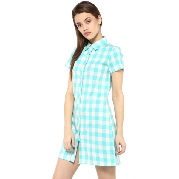 Women's Rayon Checkered Short Sleeve Above Knee Dress (SkuBlue - White) - M