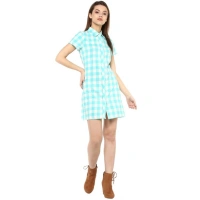 Women's Rayon Checkered Short Sleeve Above Knee Dress (SkuBlue - White) - M
