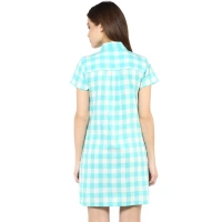 Women's Rayon Checkered Short Sleeve Above Knee Dress (SkuBlue - White) - M