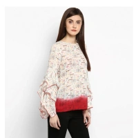 Women's Rayon Crepe Printed Ruffle Sleeve Top (Off White - Red) - S