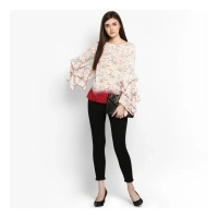 Women's Rayon Crepe Printed Ruffle Sleeve Top (Off White - Red) - S