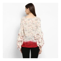 Women's Rayon Crepe Printed Ruffle Sleeve Top (Off White - Red) - S