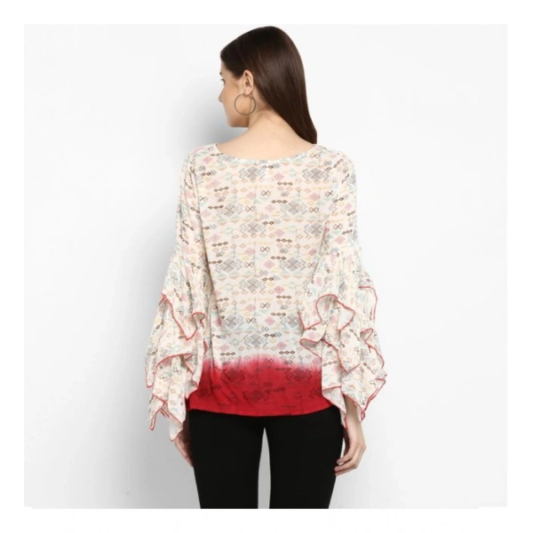Women's Rayon Crepe Printed Ruffle Sleeve Top (Off White - Red) - S