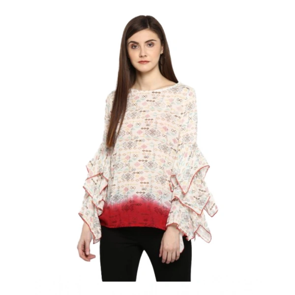Women's Rayon Crepe Printed Ruffle Sleeve Top (Off White - Red) - XL