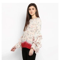 Women's Rayon Crepe Printed Ruffle Sleeve Top (Off White - Red) - XL