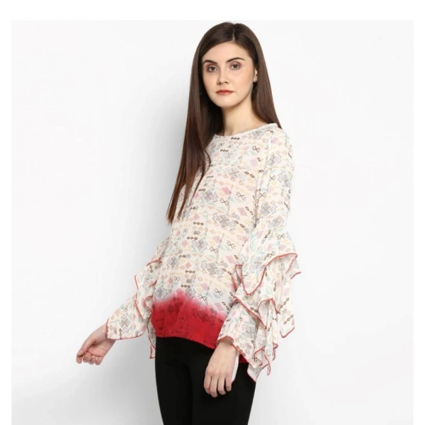 Women's Rayon Crepe Printed Ruffle Sleeve Top (Off White - Red) - XL