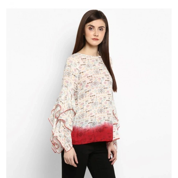 Women's Rayon Crepe Printed Ruffle Sleeve Top (Off White - Red) - XL