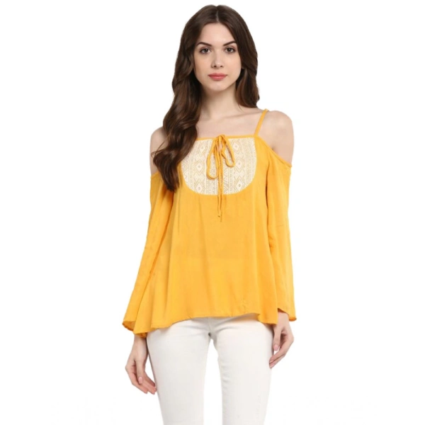 Women's Rayon Embellished Cold Shoulder Regular Top (Mustard Yellow) - L