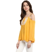 Women's Rayon Embellished Cold Shoulder Regular Top (Mustard Yellow) - L