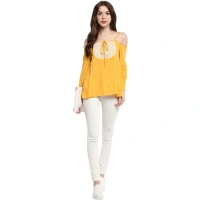 Women's Rayon Embellished Cold Shoulder Regular Top (Mustard Yellow) - L