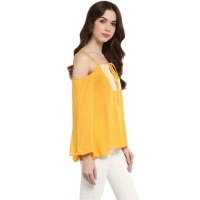 Women's Rayon Embellished Cold Shoulder Regular Top (Mustard Yellow) - M