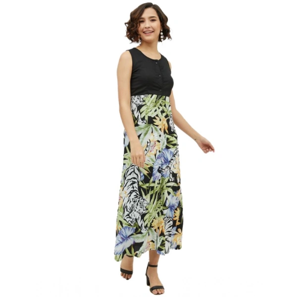 Women's Rayon Floral Sleeveless Calf-length Dress (Multicolor) - L