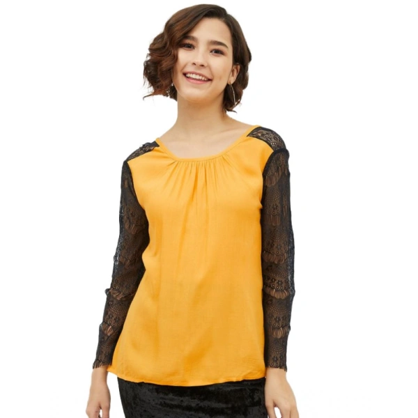 Women's Rayon Lace Inserts Long Sleeves Top (Yellow) - M