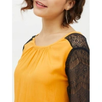 Women's Rayon Lace Inserts Long Sleeves Top (Yellow) - M