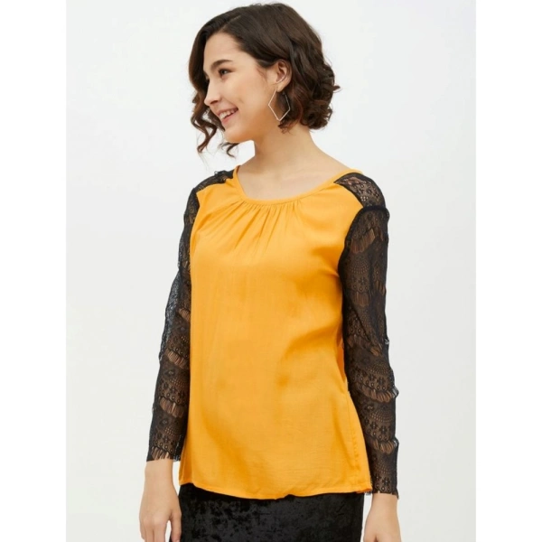 Women's Rayon Lace Inserts Long Sleeves Top (Yellow) - M