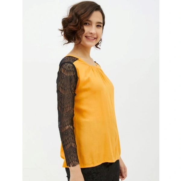 Women's Rayon Lace Inserts Long Sleeves Top (Yellow) - M
