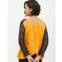 Women's Rayon Lace Inserts Long Sleeves Top (Yellow) - M