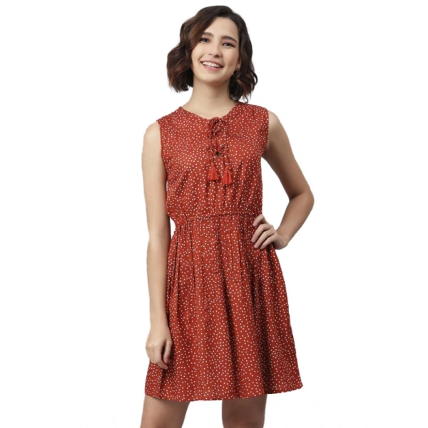 Women's Rayon Polka Sleeveless Above Knee Dress (Rust) - L