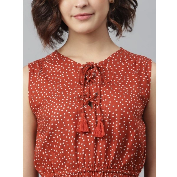 Women's Rayon Polka Sleeveless Above Knee Dress (Rust) - L
