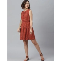 Women's Rayon Polka Sleeveless Above Knee Dress (Rust) - L