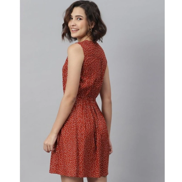 Women's Rayon Polka Sleeveless Above Knee Dress (Rust) - L