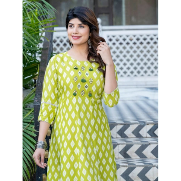 Women's Rayon Print With Embroidery Work A-Line Kurti (Parrot) - 2XL