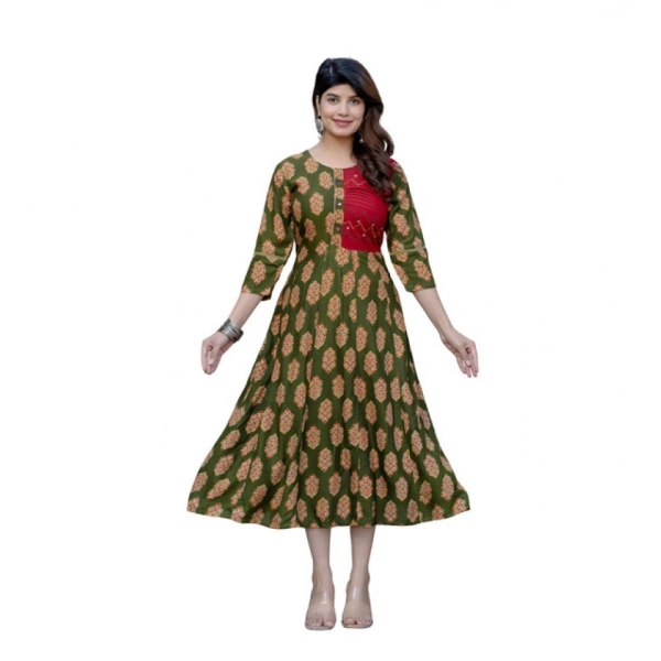 Women's Rayon Print With Embroidery Work A-Line Kurti (Dark Green) - M