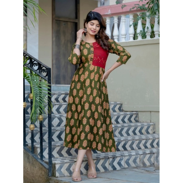 Women's Rayon Print With Embroidery Work A-Line Kurti (Dark Green) - M