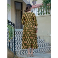 Women's Rayon Print With Embroidery Work A-Line Kurti (Dark Green) - M