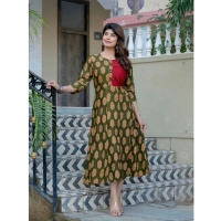 Women's Rayon Print With Embroidery Work A-Line Kurti (Dark Green) - M