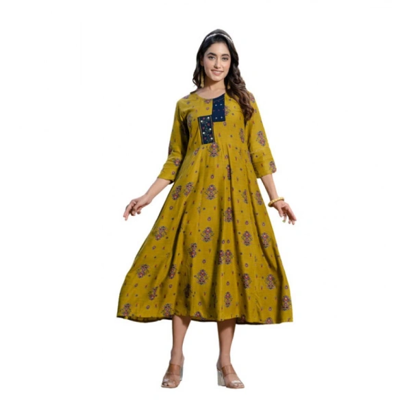 Women's Rayon Print With Embroidery Work A-Line Kurti (Mehendi) - 2XL