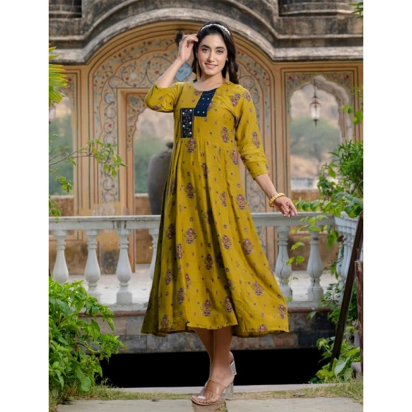 Women's Rayon Print With Embroidery Work A-Line Kurti (Mehendi) - 2XL