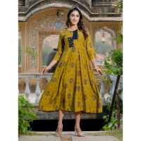 Women's Rayon Print With Embroidery Work A-Line Kurti (Mehendi) - 2XL