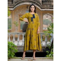 Women's Rayon Print With Embroidery Work A-Line Kurti (Mehendi) - 2XL